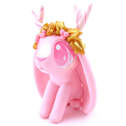 Pink Christmas and Gold Holly Jackalope Bunny Figurine - Polymer Clay Christmas Animals