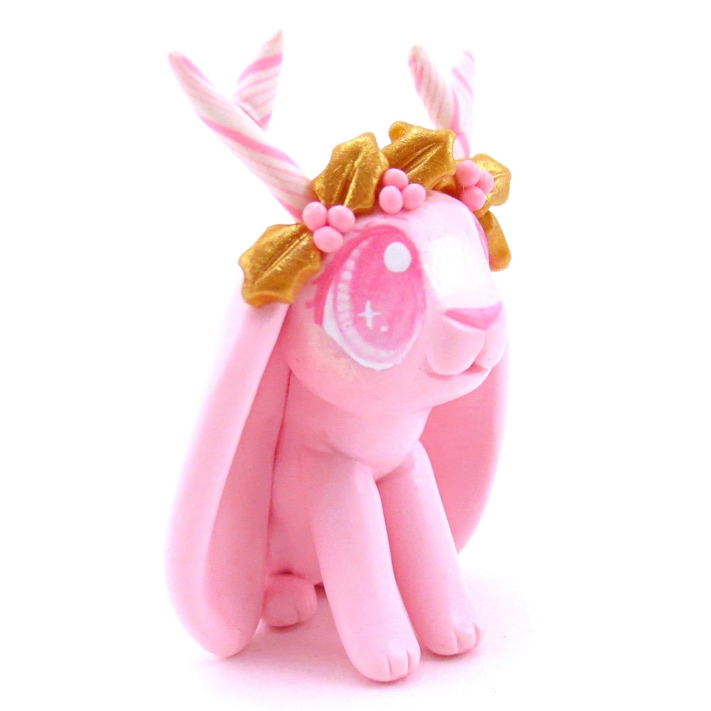 Pink Christmas and Gold Holly Jackalope Bunny Figurine - Polymer Clay Christmas Animals