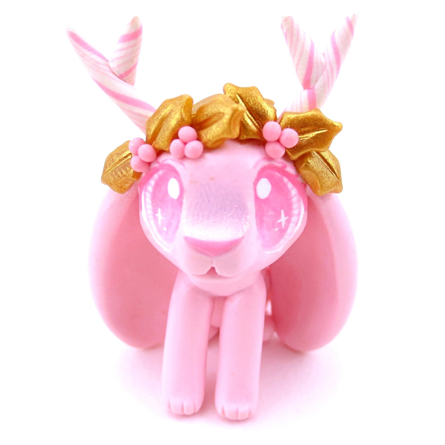 Pink Christmas and Gold Holly Jackalope Bunny Figurine - Polymer Clay Christmas Animals