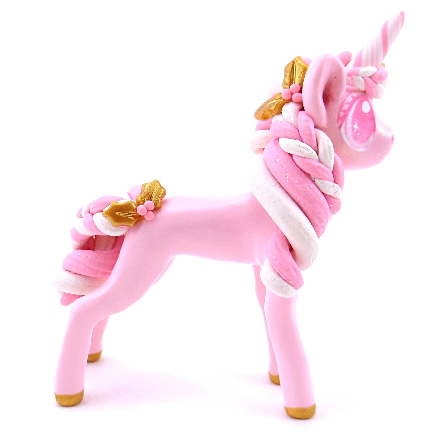 Pink Christmas Gold Holly Unicorn Figurine - Polymer Clay Christmas Animals