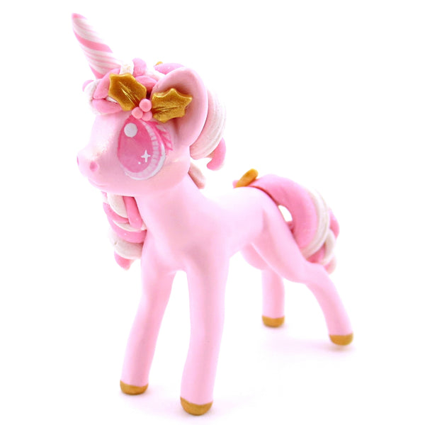 Pink Christmas Gold Holly Unicorn Figurine - Polymer Clay Christmas Animals