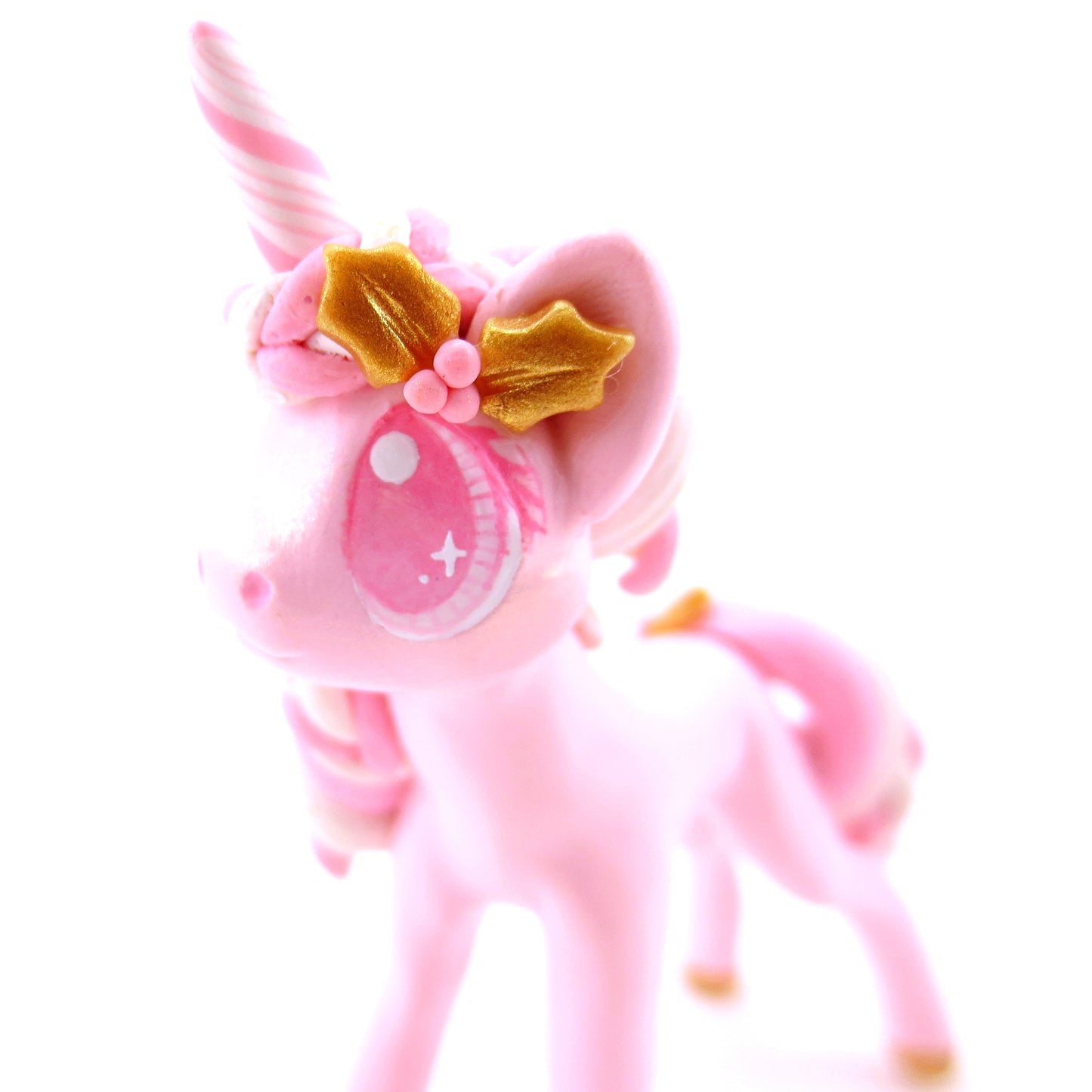 Pink Christmas Gold Holly Unicorn Figurine - Polymer Clay Christmas Animals