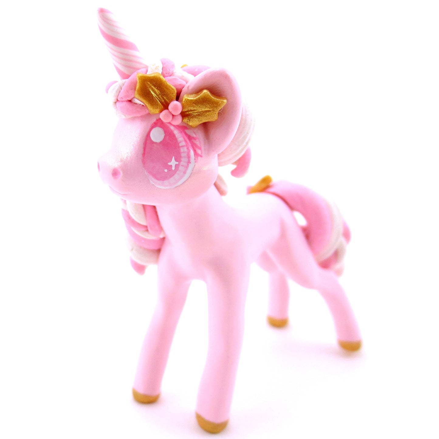 Pink Christmas Gold Holly Unicorn Figurine - Polymer Clay Christmas Animals