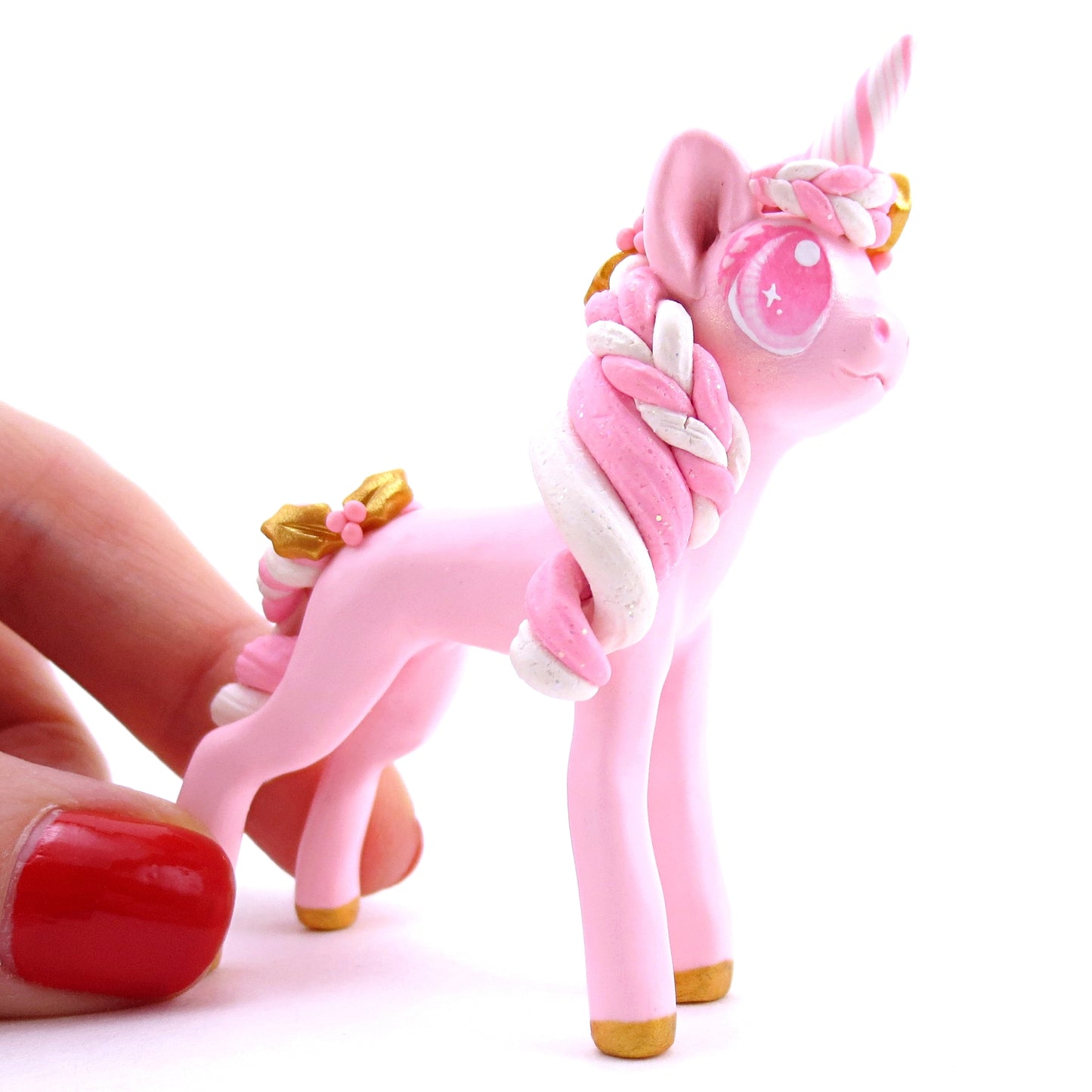 Pink Christmas Gold Holly Unicorn Figurine - Polymer Clay Christmas Animals