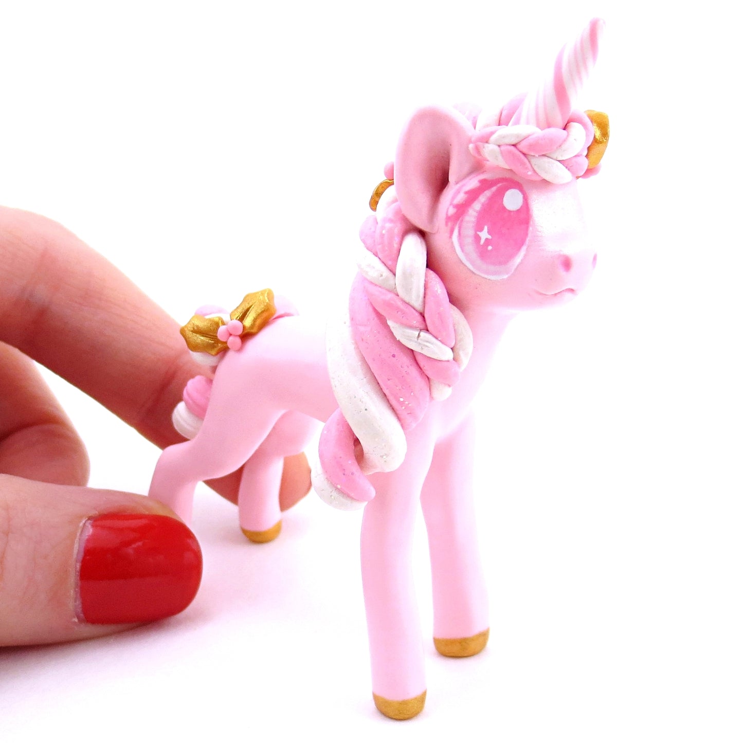 Pink Christmas Gold Holly Unicorn Figurine - Polymer Clay Christmas Animals