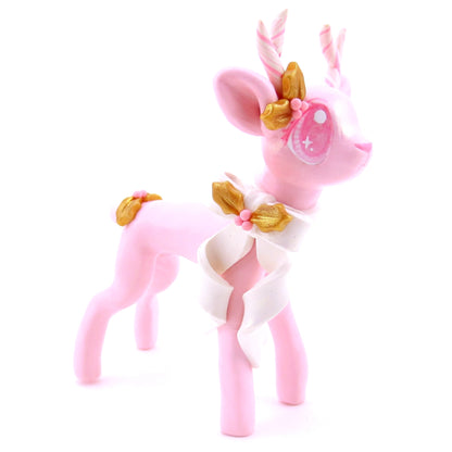 Pink Christmas Gold Holly Reindeer Figurine - Polymer Clay Christmas Animals