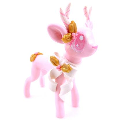 Pink Christmas Gold Holly Reindeer Figurine - Polymer Clay Christmas Animals