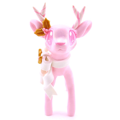 Pink Christmas Gold Holly Reindeer Figurine - Polymer Clay Christmas Animals