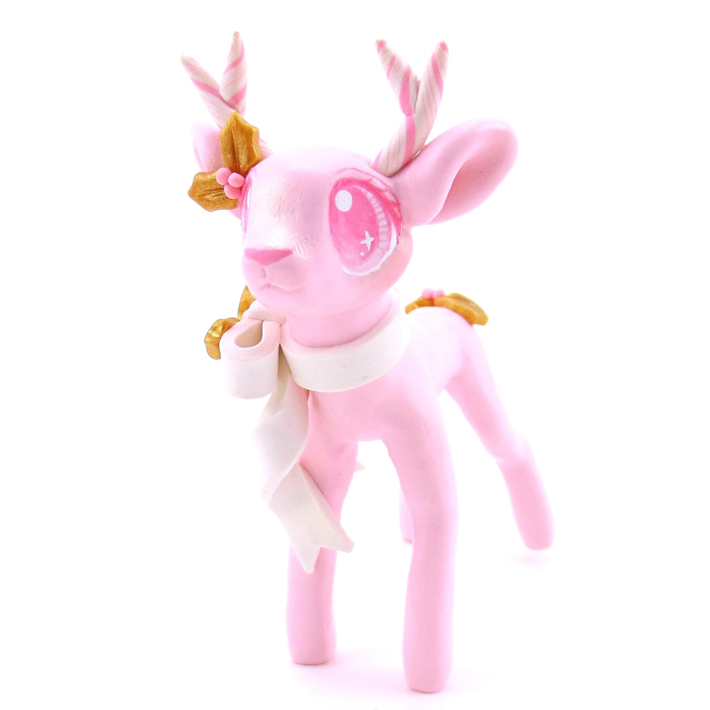 Pink Christmas Gold Holly Reindeer Figurine - Polymer Clay Christmas Animals