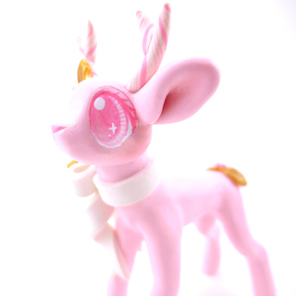 Pink Christmas Gold Holly Reindeer Figurine - Polymer Clay Christmas Animals