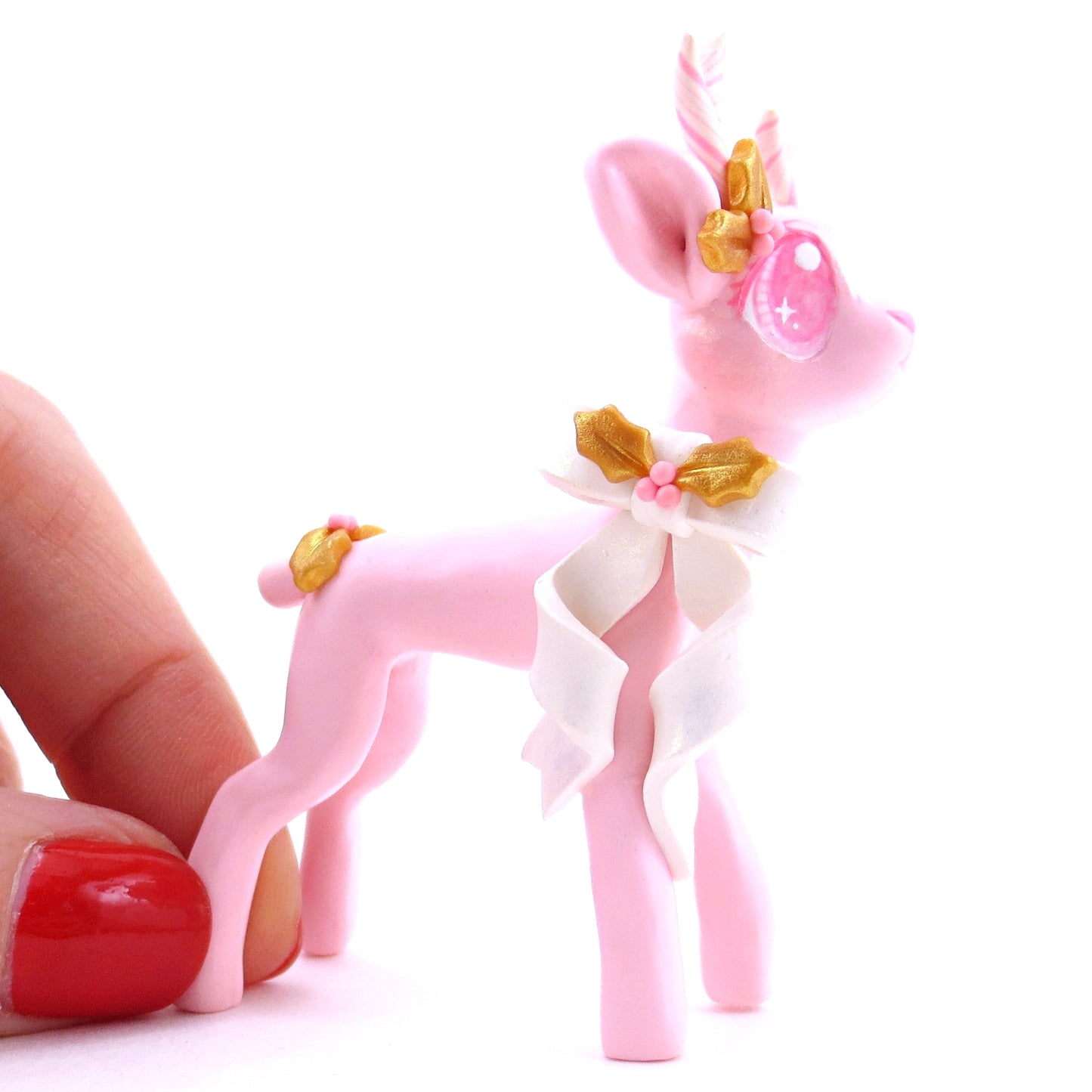 Pink Christmas Gold Holly Reindeer Figurine - Polymer Clay Christmas Animals