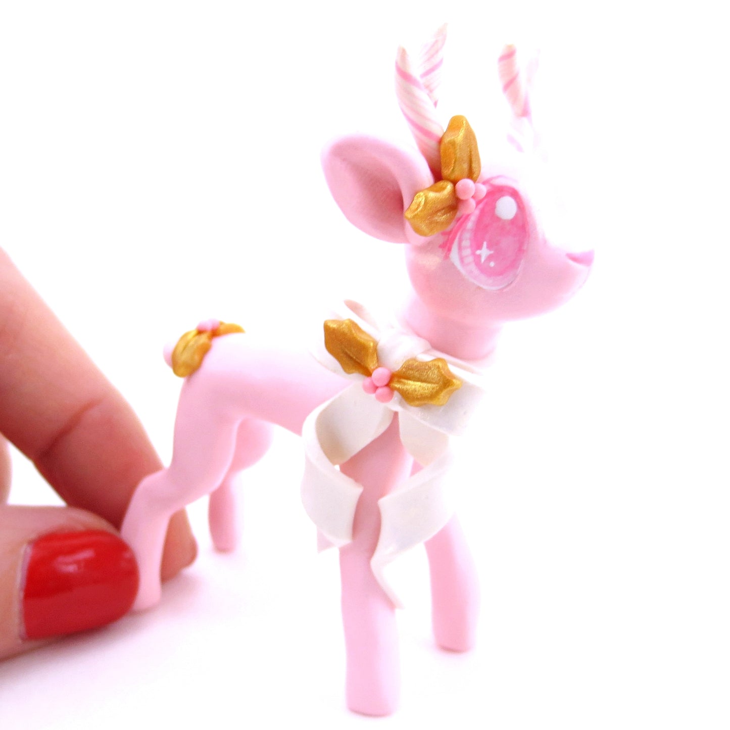 Pink Christmas Gold Holly Reindeer Figurine - Polymer Clay Christmas Animals