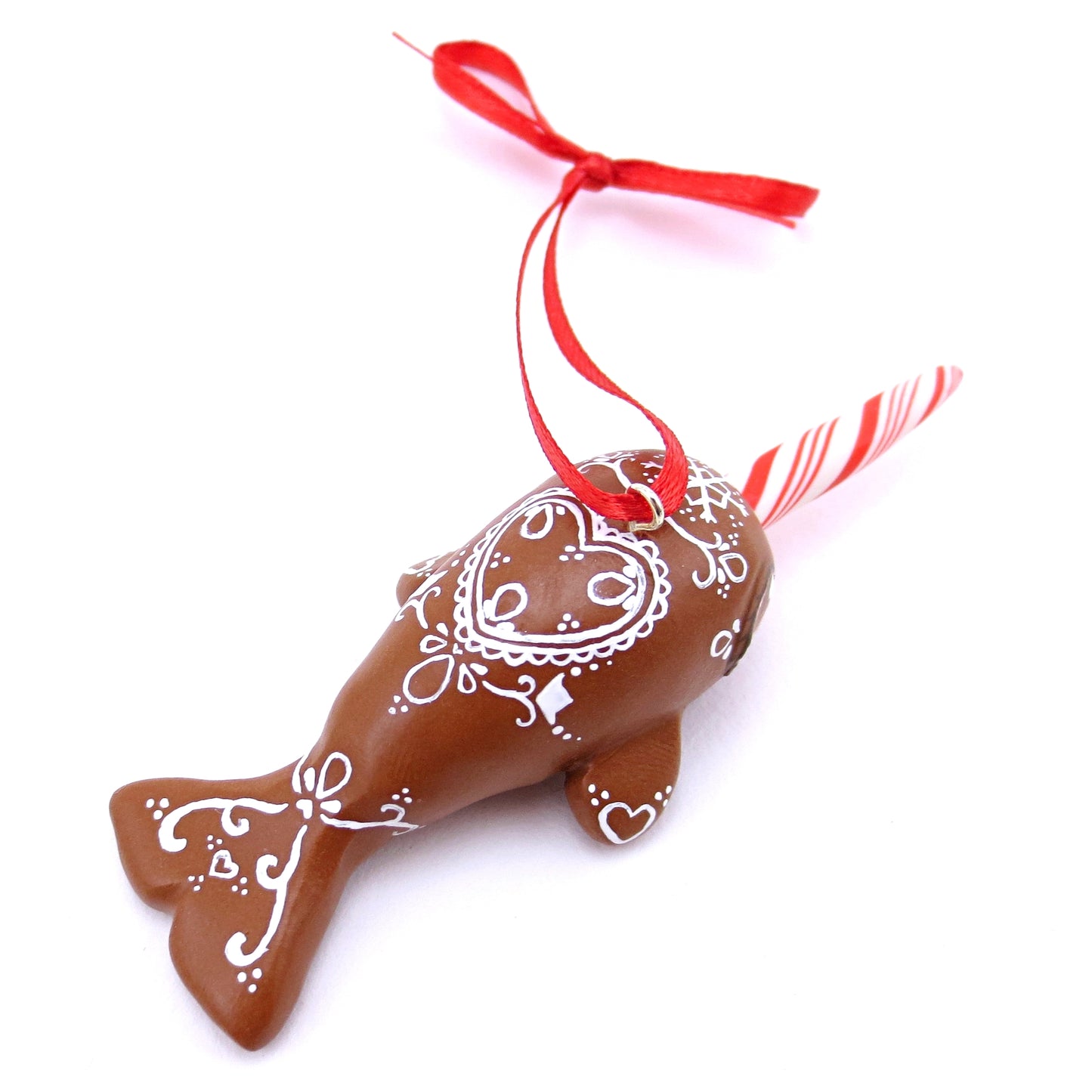 Gingerbread Heart Narwhal Ornament - Polymer Clay Christmas Animals