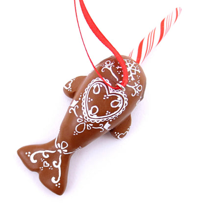 Gingerbread Heart Narwhal Ornament - Polymer Clay Christmas Animals