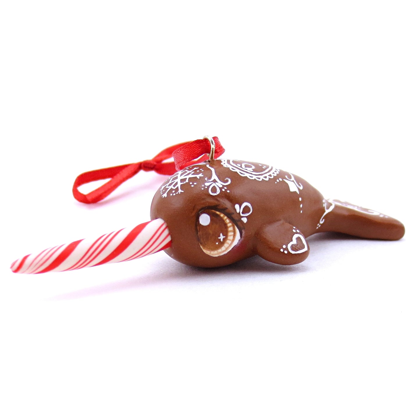 Gingerbread Heart Narwhal Ornament - Polymer Clay Christmas Animals