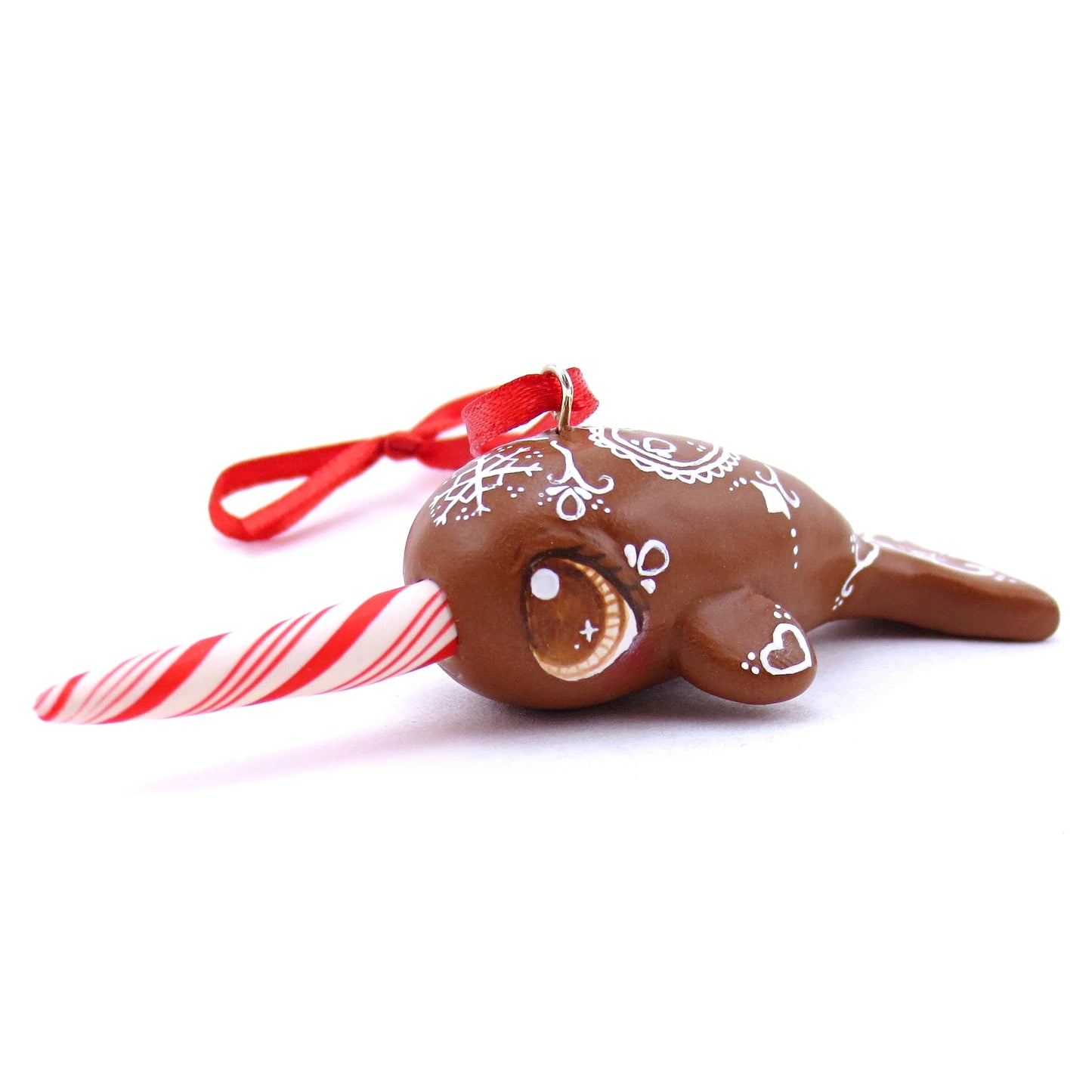 Gingerbread Heart Narwhal Ornament - Polymer Clay Christmas Animals