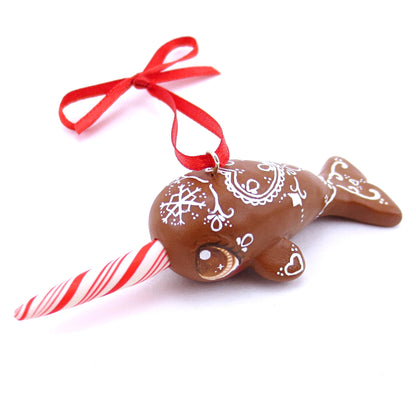 Gingerbread Heart Narwhal Ornament - Polymer Clay Christmas Animals