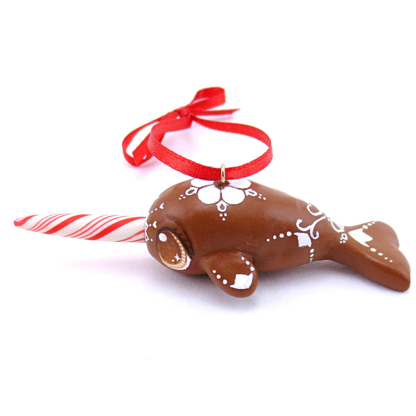 Gingerbread Flower Narwhal Ornament - Polymer Clay Christmas Animals