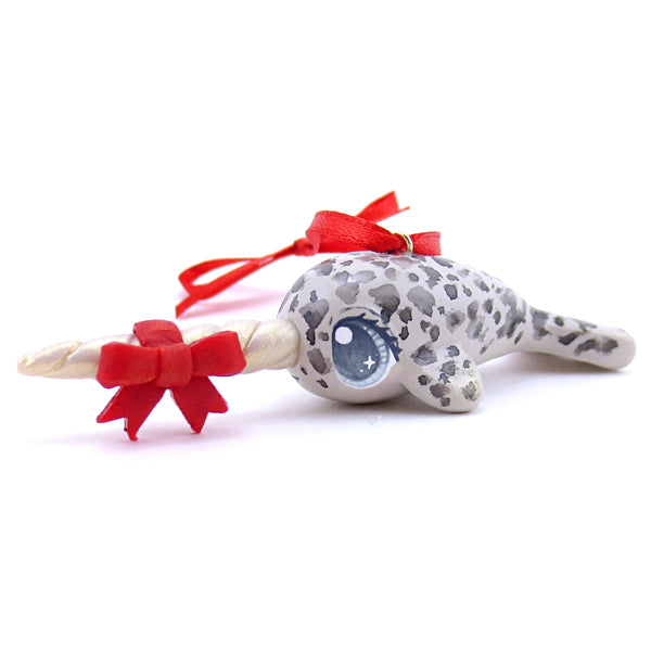 Bow Narwhal Ornament with Blue Eyes - Polymer Clay Christmas Animals