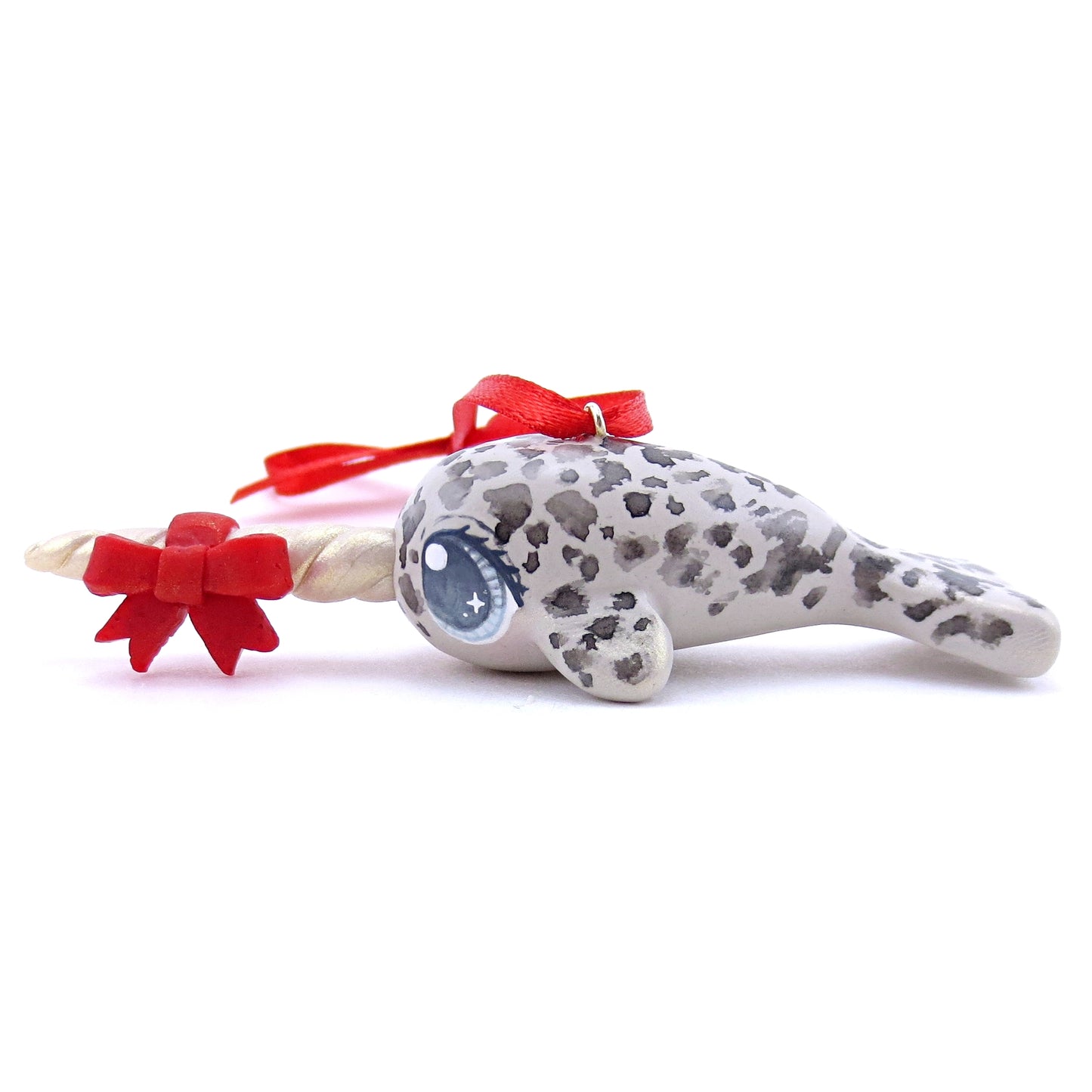 Bow Narwhal Ornament with Blue Eyes - Polymer Clay Christmas Animals