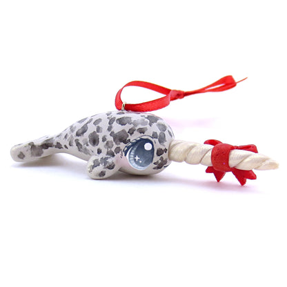 Bow Narwhal Ornament with Blue Eyes - Polymer Clay Christmas Animals