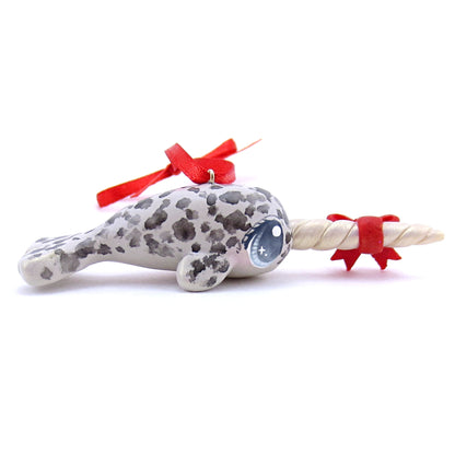 Bow Narwhal Ornament with Blue Eyes - Polymer Clay Christmas Animals