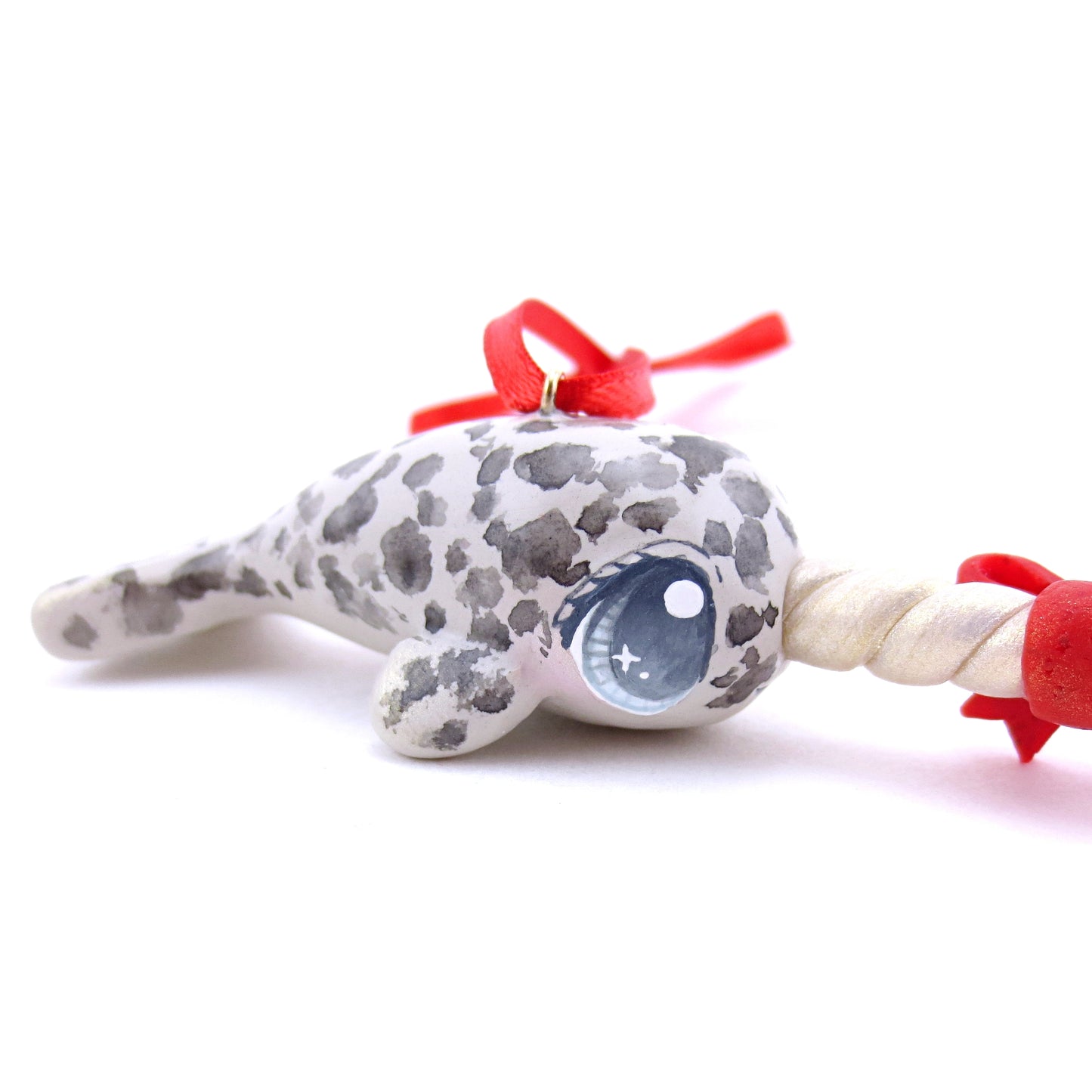 Bow Narwhal Ornament with Blue Eyes - Polymer Clay Christmas Animals