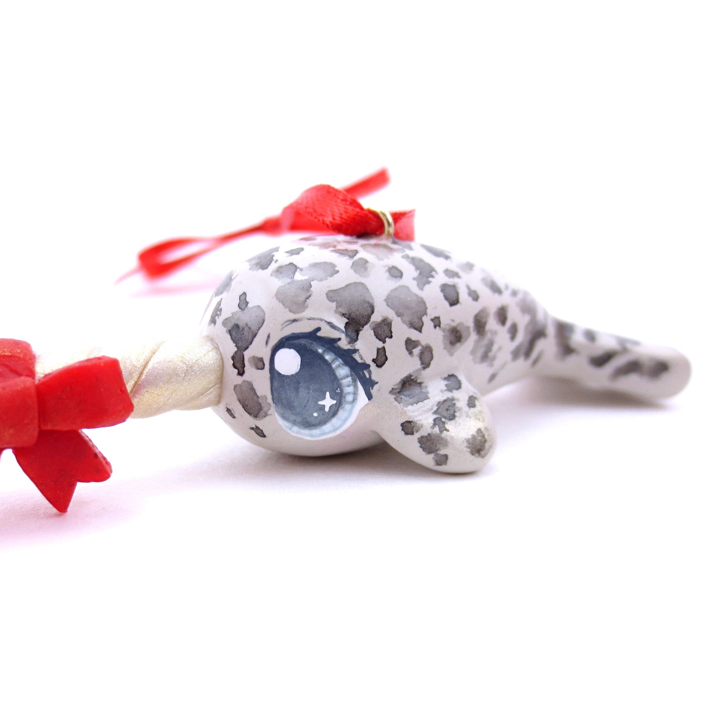 Bow Narwhal Ornament with Blue Eyes - Polymer Clay Christmas Animals