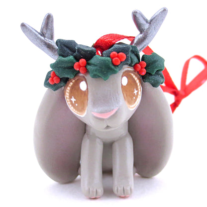 Holly Crown Grey Jackalope Ornament - Polymer Clay Christmas Animals