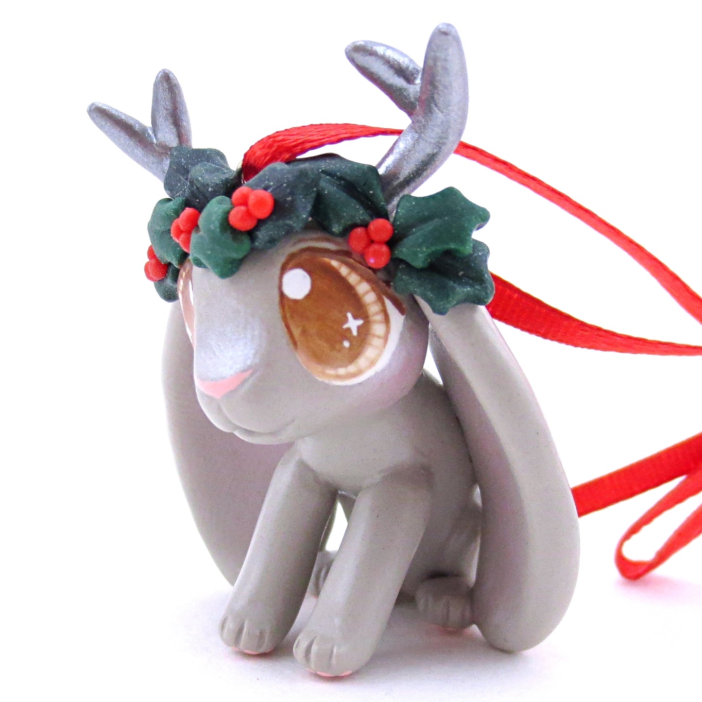 Holly Crown Grey Jackalope Ornament - Polymer Clay Christmas Animals