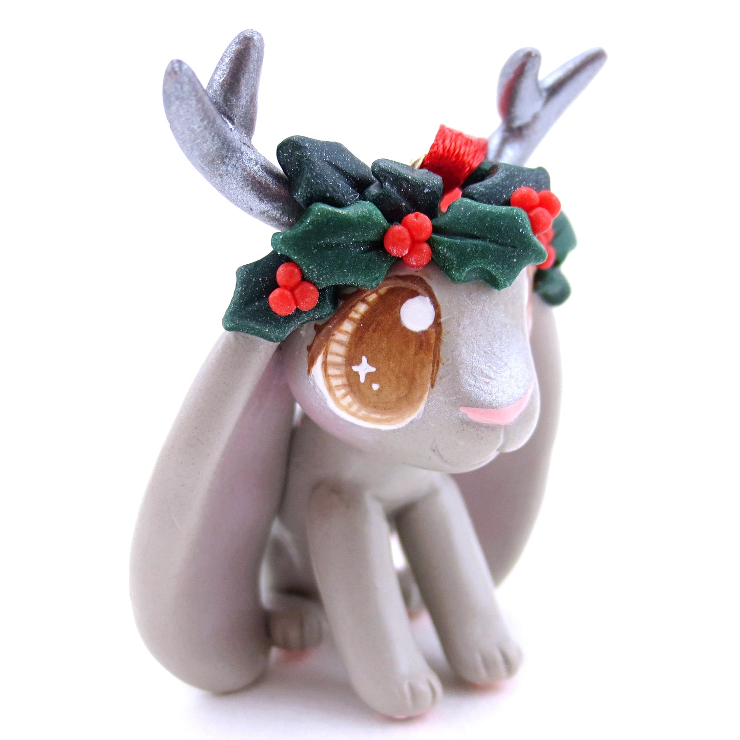 Holly Crown Grey Jackalope Ornament - Polymer Clay Christmas Animals