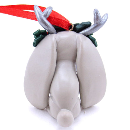 Holly Crown Grey Jackalope Ornament - Polymer Clay Christmas Animals