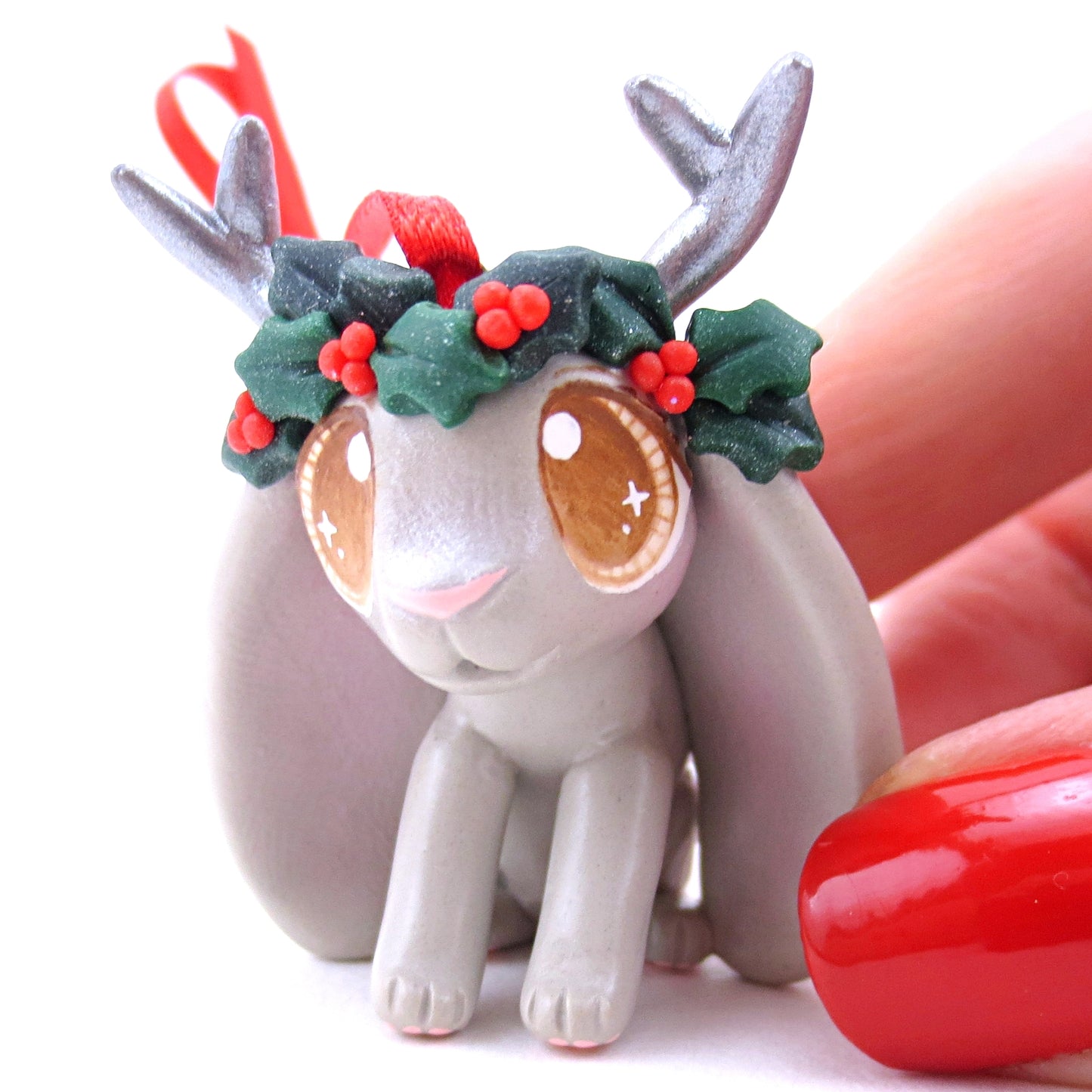 Holly Crown Grey Jackalope Ornament - Polymer Clay Christmas Animals