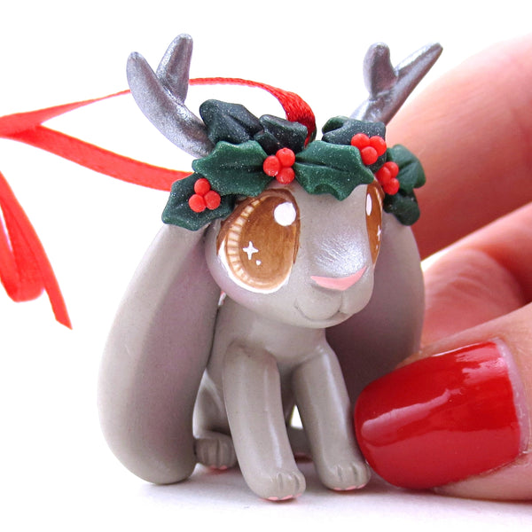 Holly Crown Grey Jackalope Ornament - Polymer Clay Christmas Animals