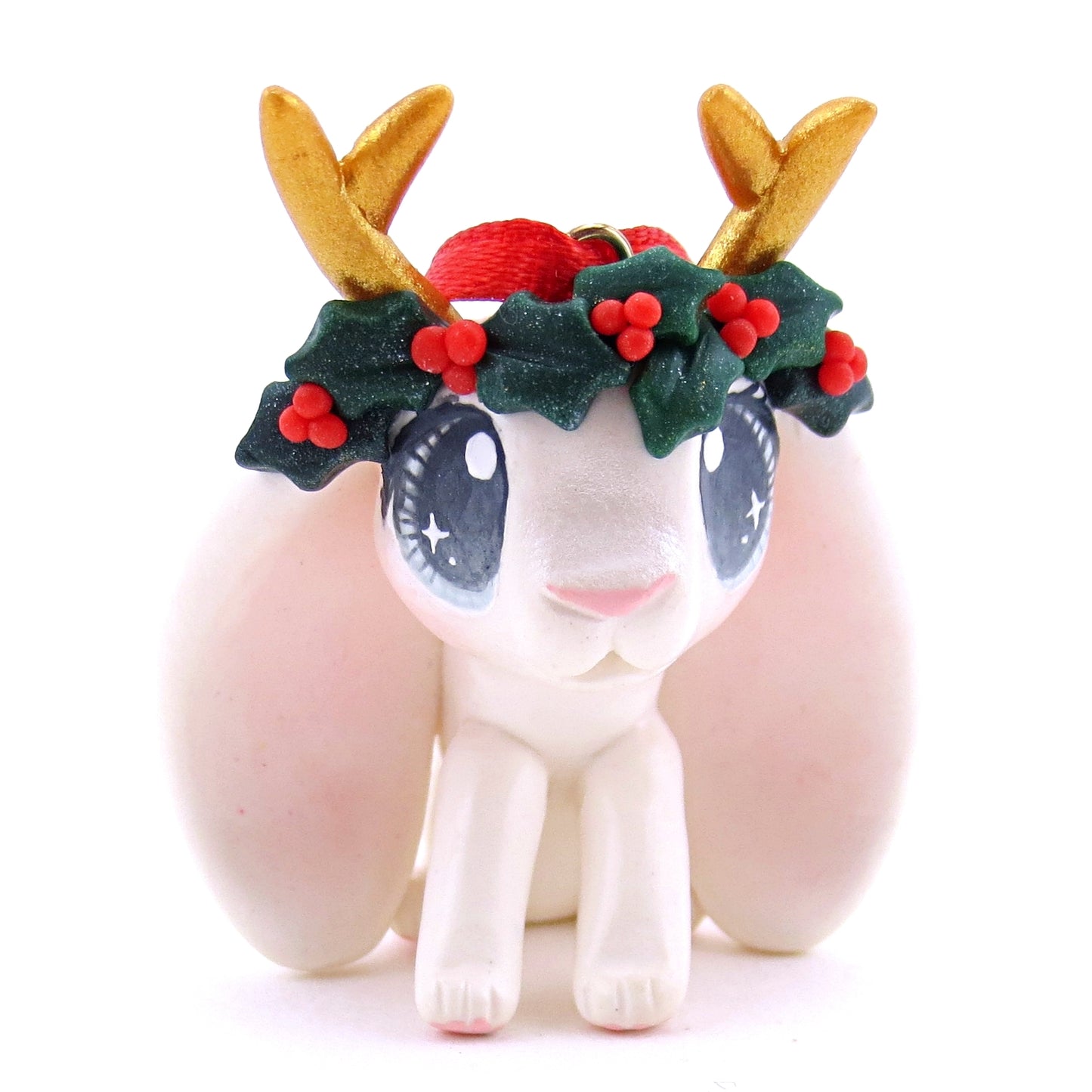 Holly Crown White Jackalope Ornament - Polymer Clay Christmas Animals