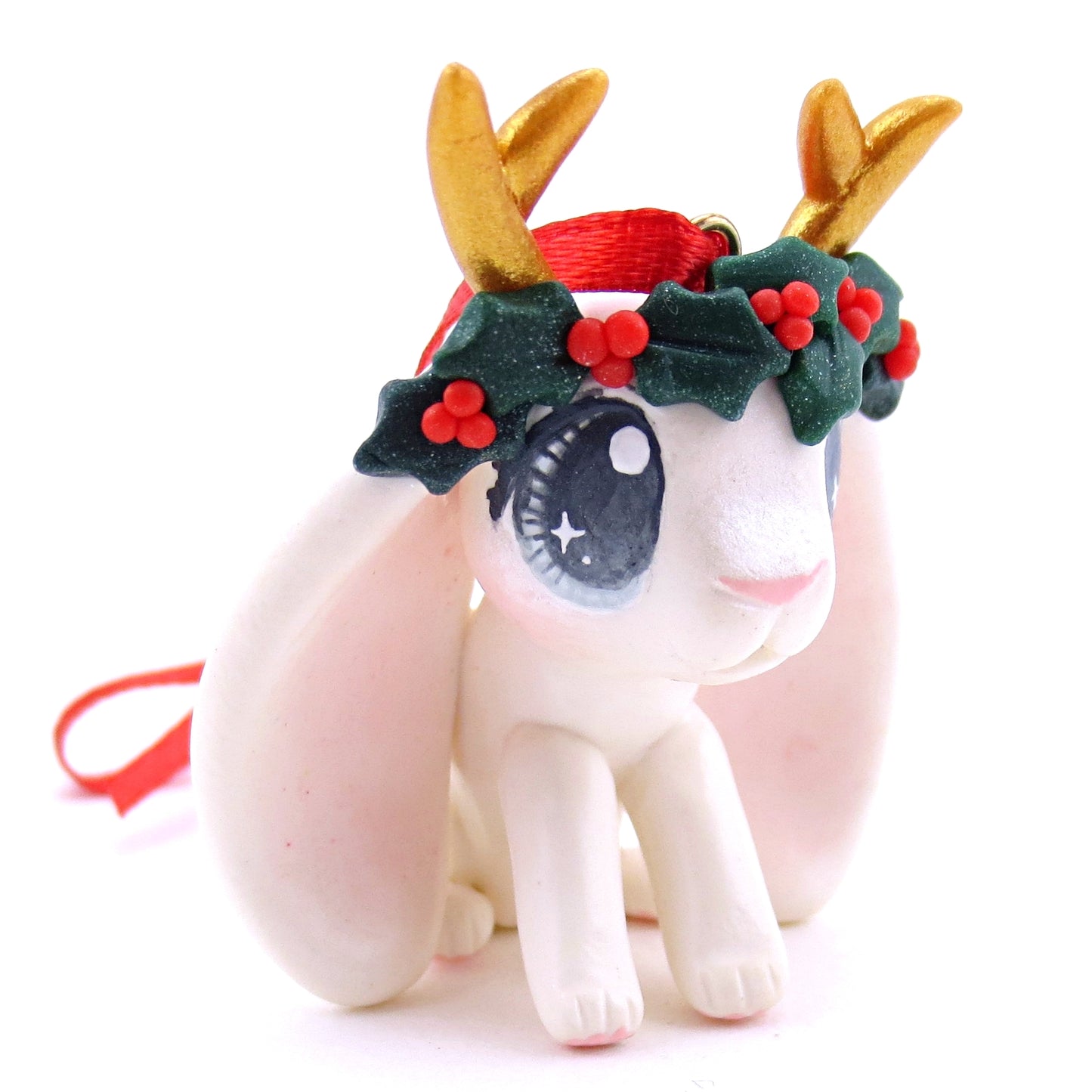 Holly Crown White Jackalope Ornament - Polymer Clay Christmas Animals