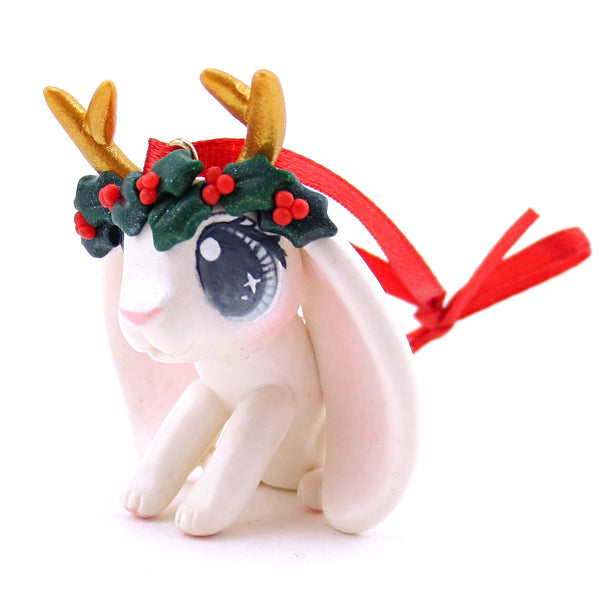 Holly Crown White Jackalope Ornament - Polymer Clay Christmas Animals
