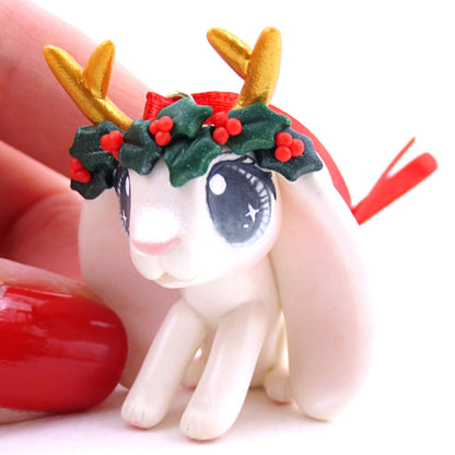 Holly Crown White Jackalope Ornament - Polymer Clay Christmas Animals