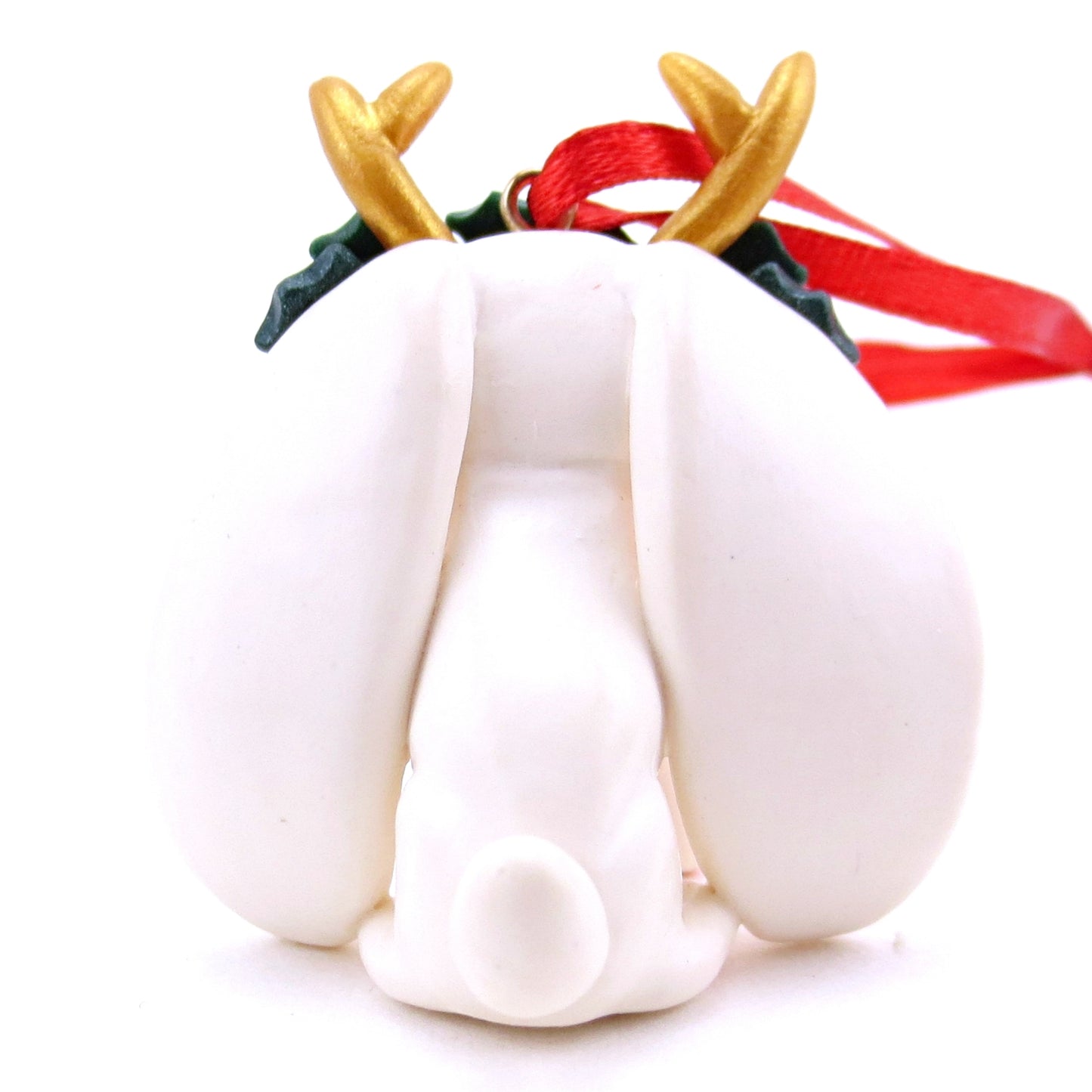 Holly Crown White Jackalope Ornament - Polymer Clay Christmas Animals