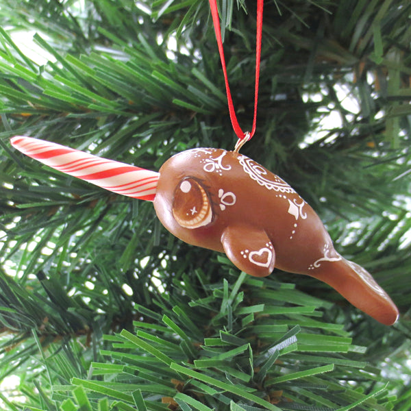 Gingerbread Heart Narwhal Ornament - Polymer Clay Christmas Animals