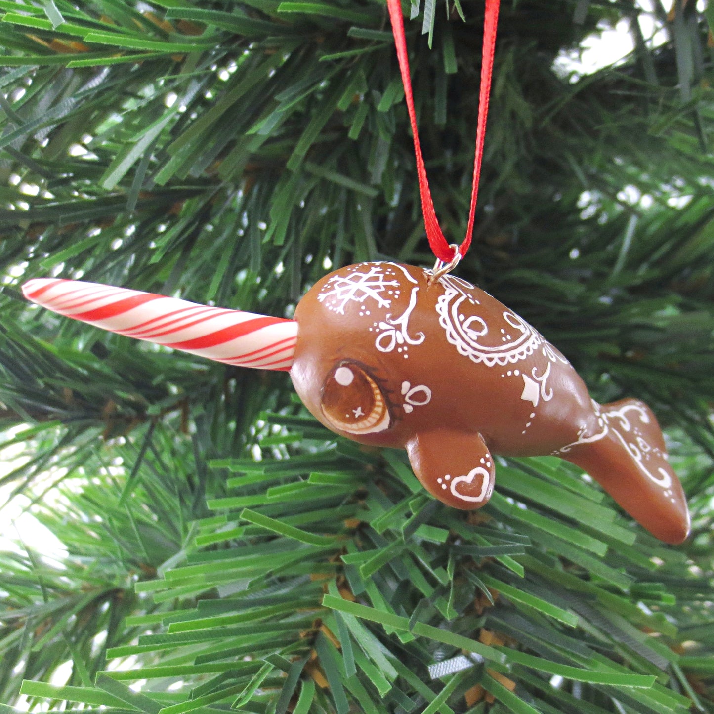 Gingerbread Heart Narwhal Ornament - Polymer Clay Christmas Animals