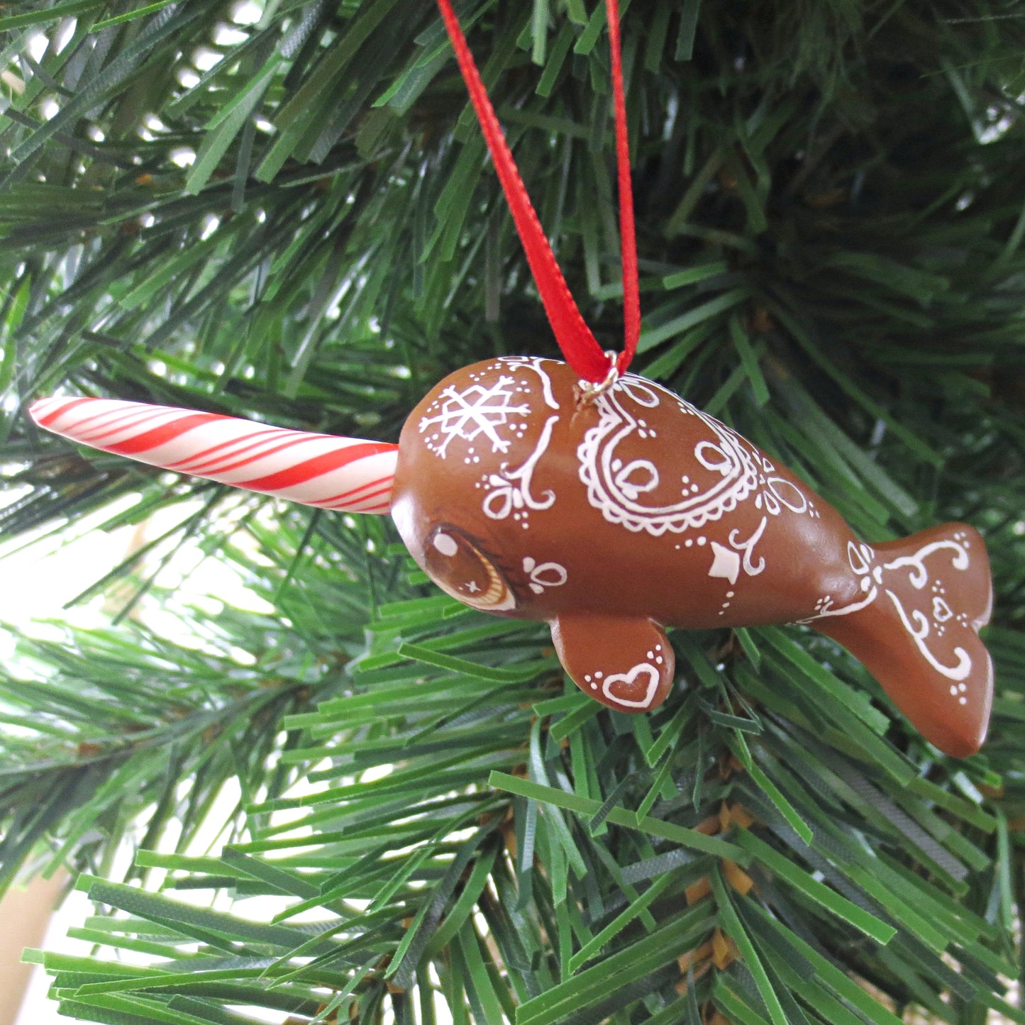 Gingerbread Heart Narwhal Ornament - Polymer Clay Christmas Animals