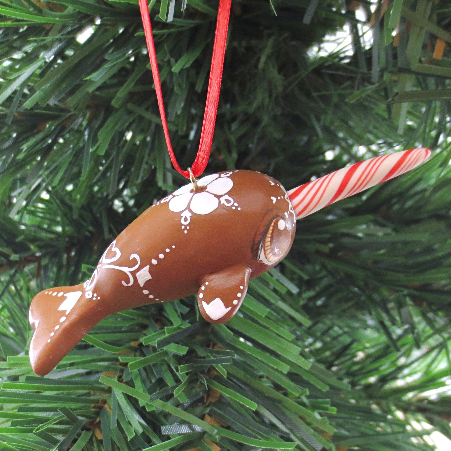 Gingerbread Flower Narwhal Ornament - Polymer Clay Christmas Animals