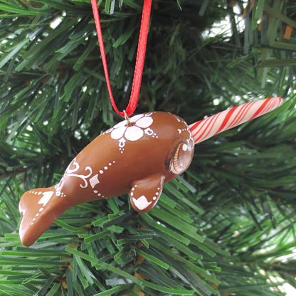 Gingerbread Flower Narwhal Ornament - Polymer Clay Christmas Animals