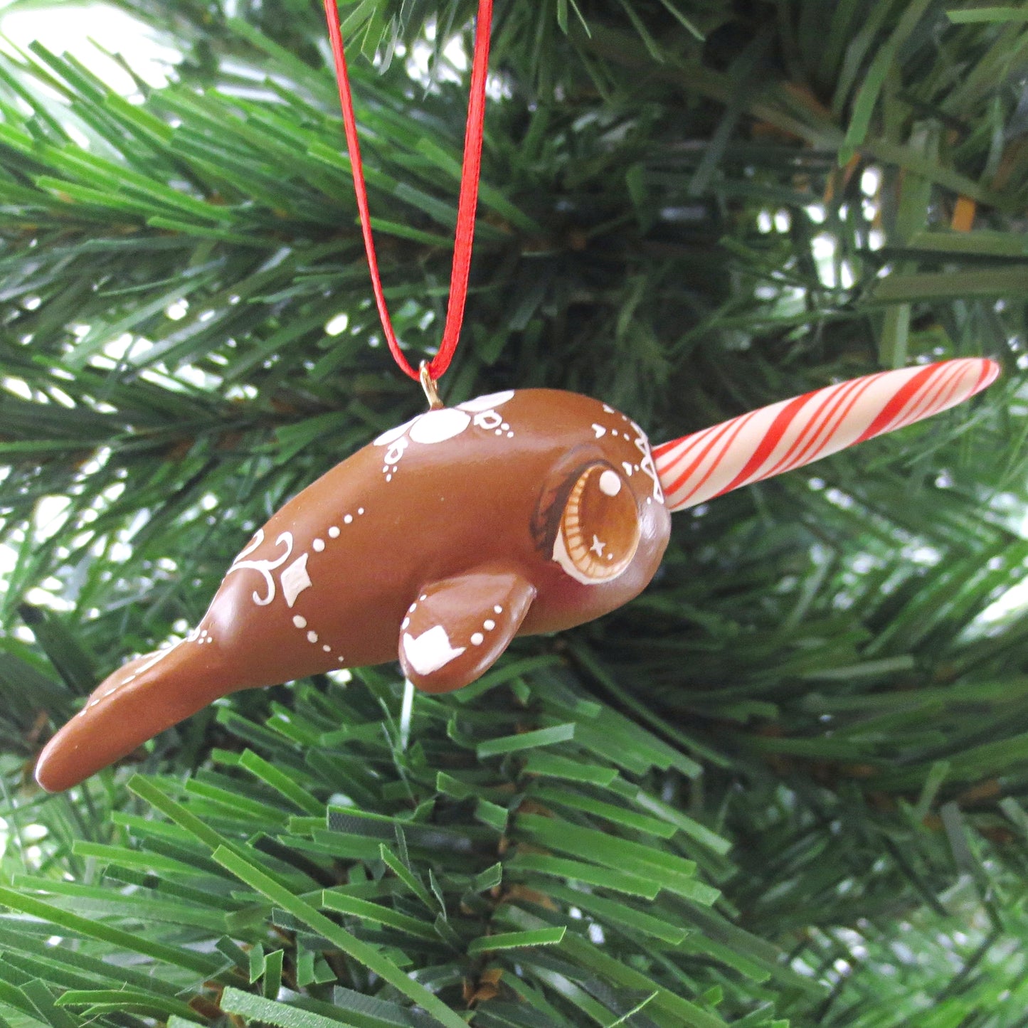 Gingerbread Flower Narwhal Ornament - Polymer Clay Christmas Animals