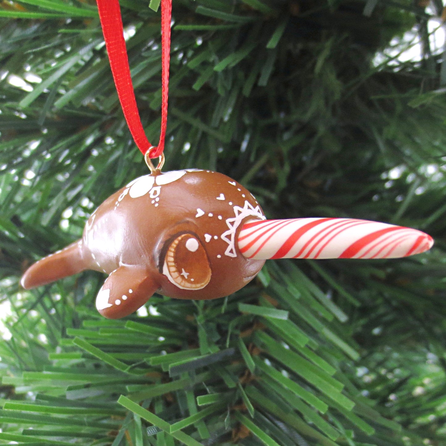 Gingerbread Flower Narwhal Ornament - Polymer Clay Christmas Animals