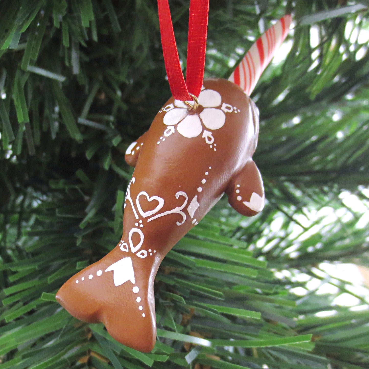 Gingerbread Flower Narwhal Ornament - Polymer Clay Christmas Animals