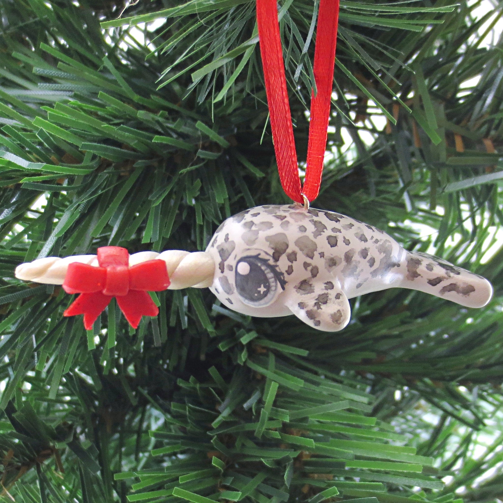 Bow Narwhal Ornament with Blue Eyes - Polymer Clay Christmas Animals