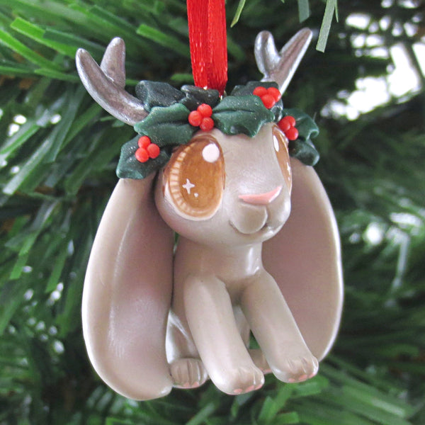 Holly Crown Grey Jackalope Ornament - Polymer Clay Christmas Animals
