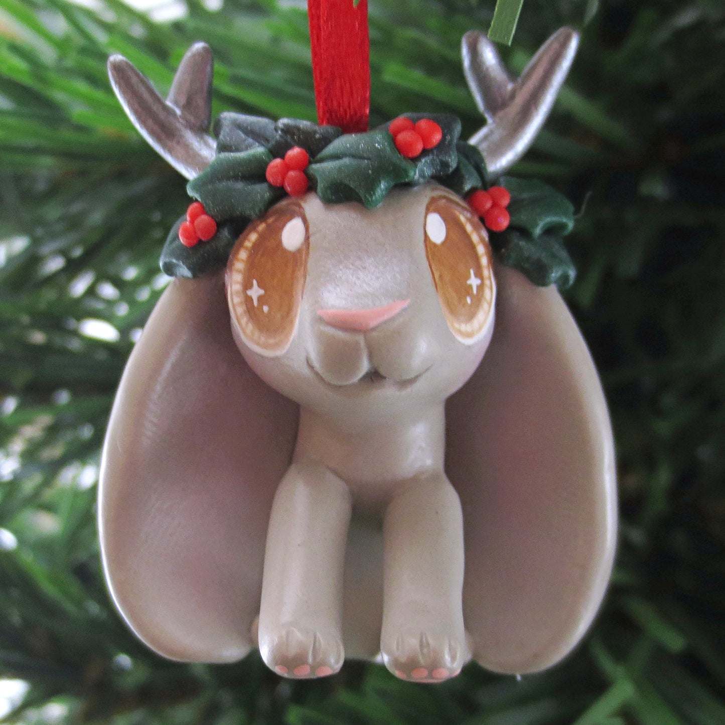 Holly Crown Grey Jackalope Ornament - Polymer Clay Christmas Animals